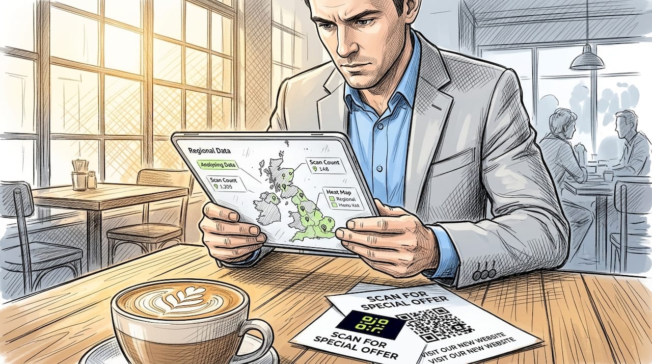 Marketer reviewing QR scan results in café