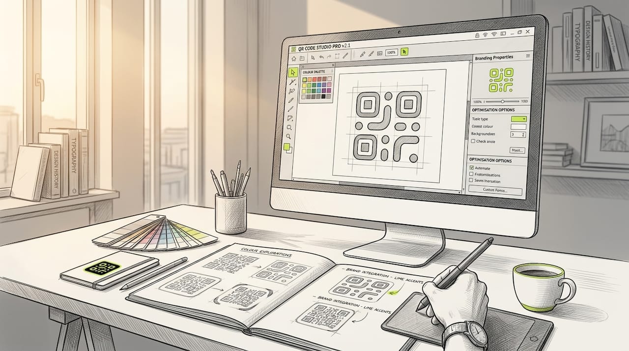 Designer creating a branded QR code in a studio