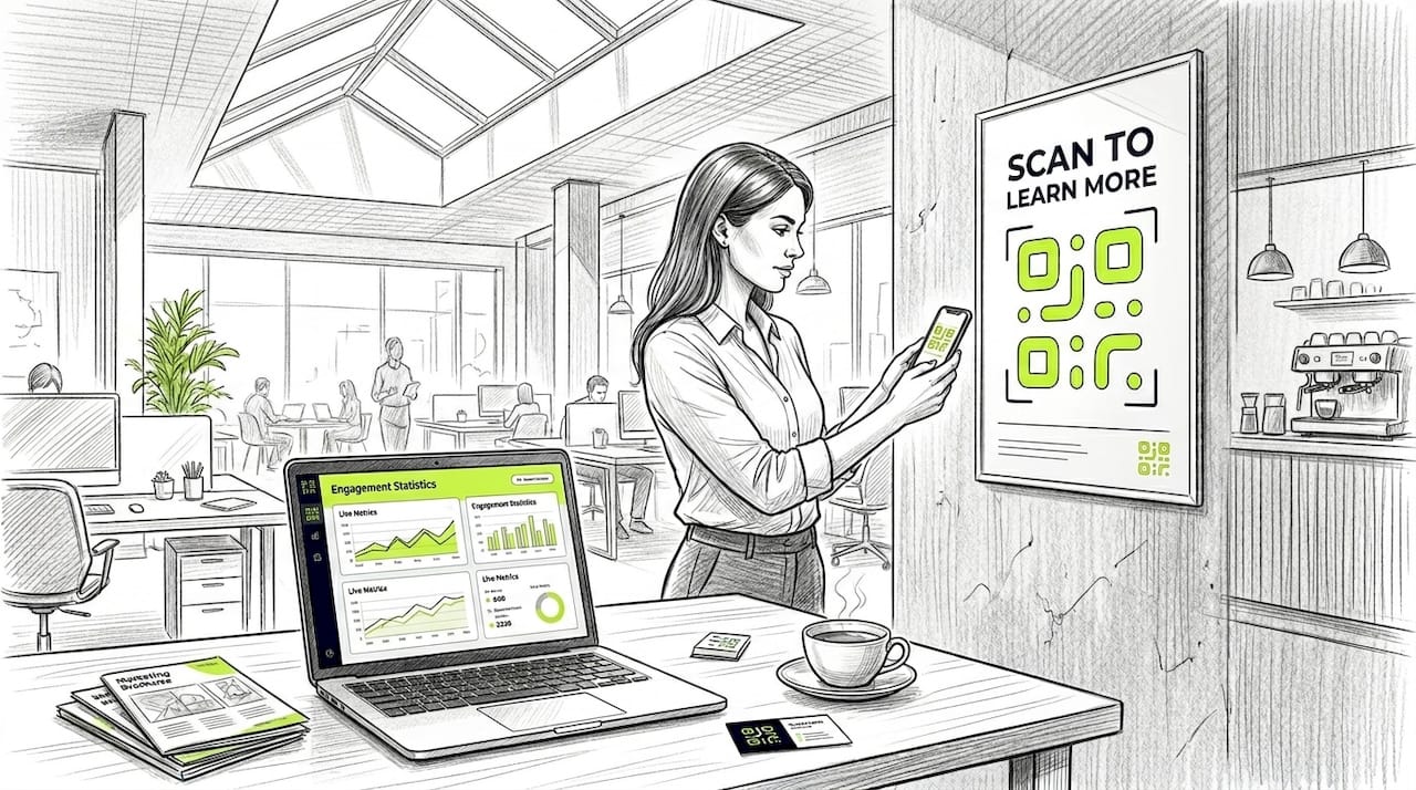 Person scanning QR code on poster in office