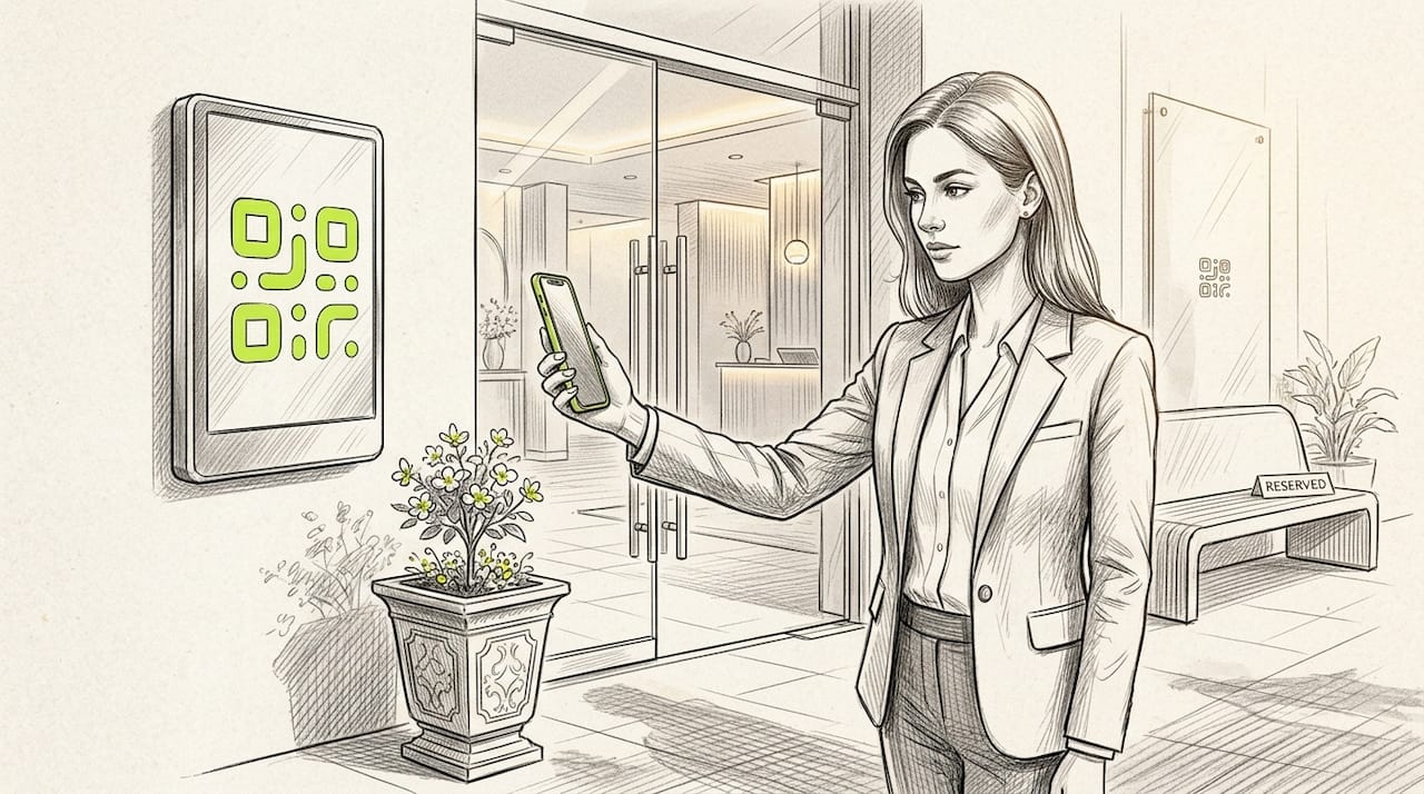 Woman scanning QR code at door access
