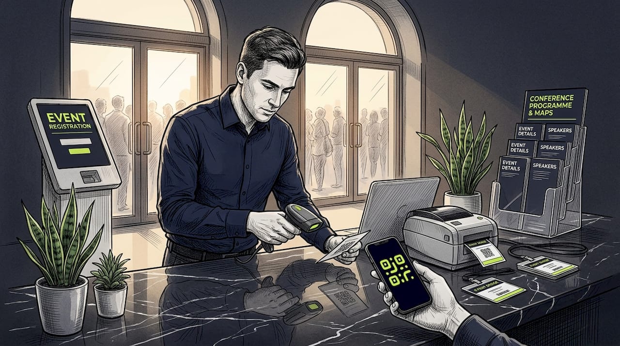 Event check-in station with QR scanners and badge printer