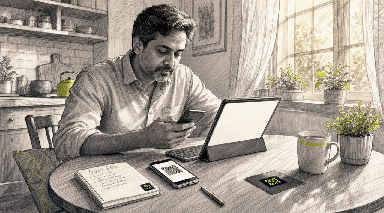 Man using laptop and smartphone generating QR code