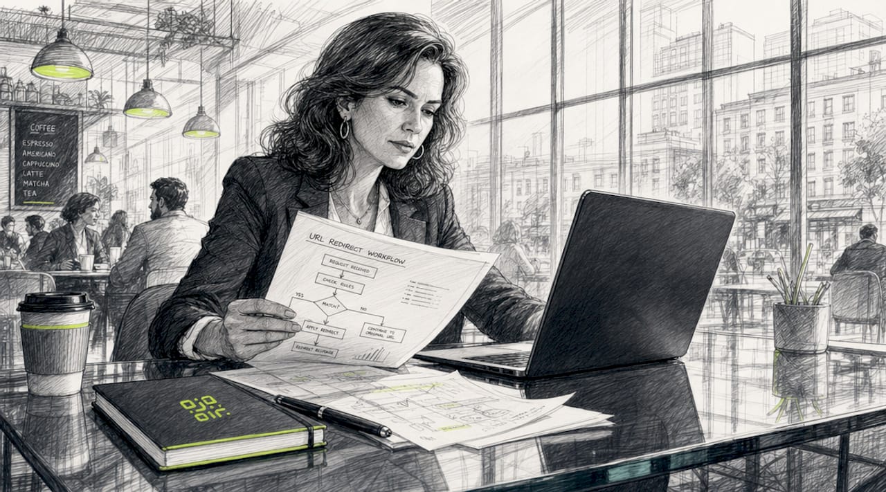 Professional woman reviewing QR redirect workflow at desk