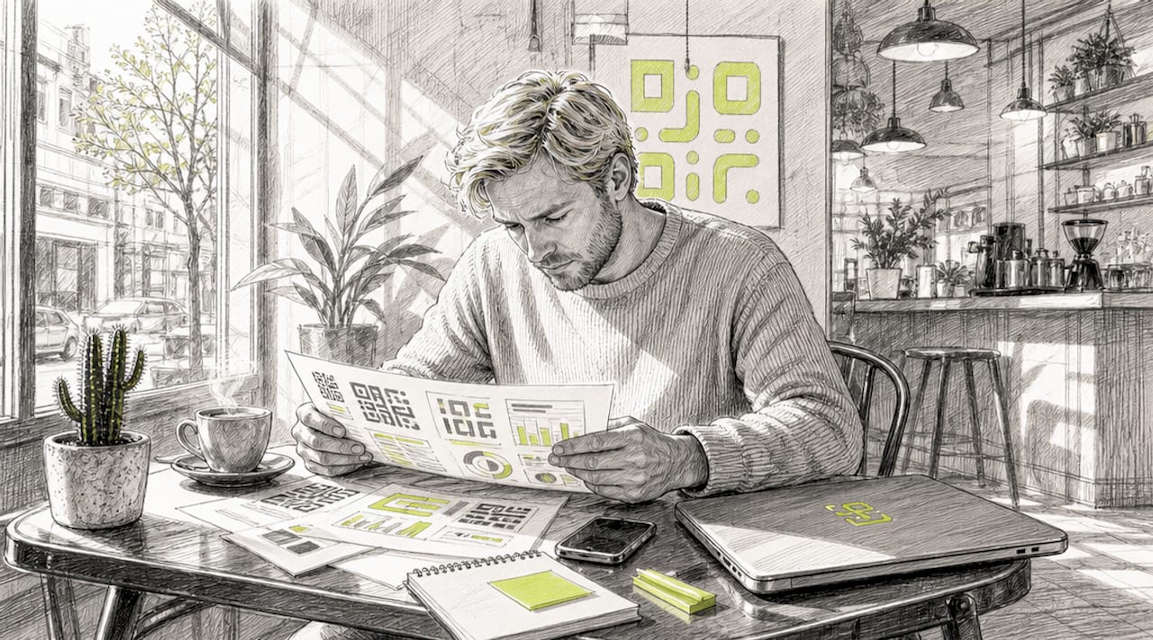 Entrepreneur reviewing QR code analytics at desk