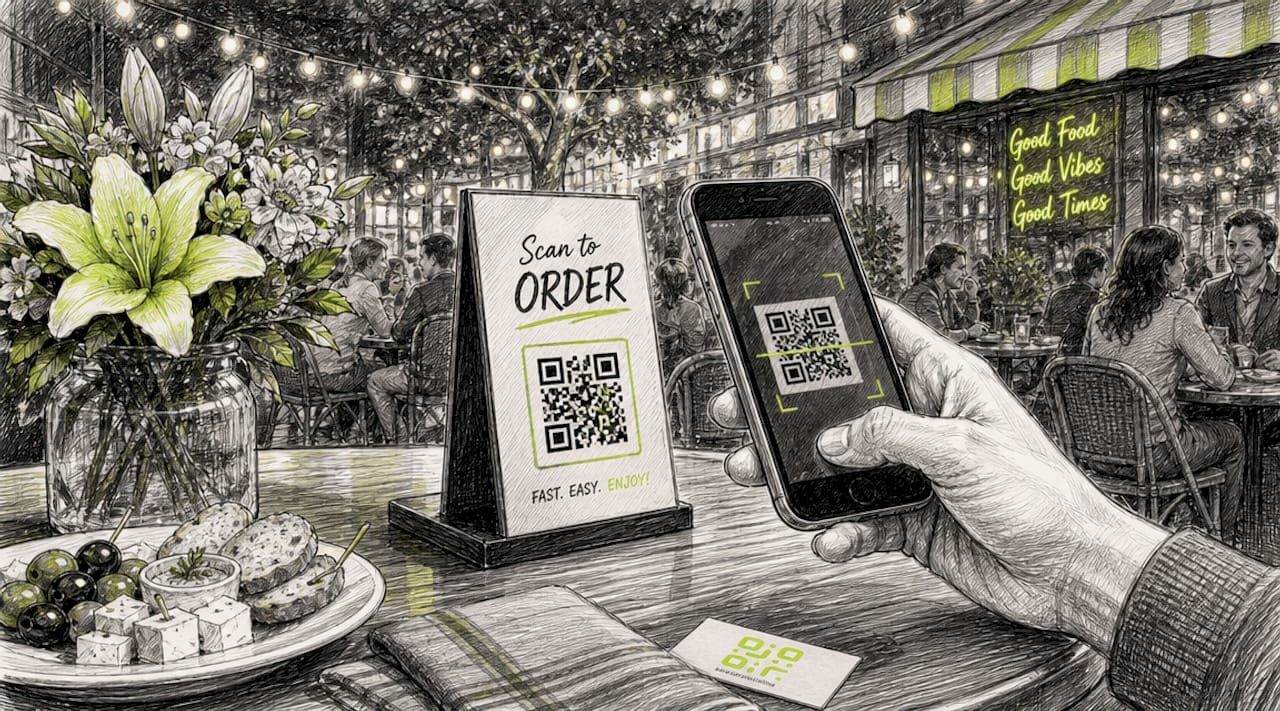 Hand scanning QR code at restaurant table