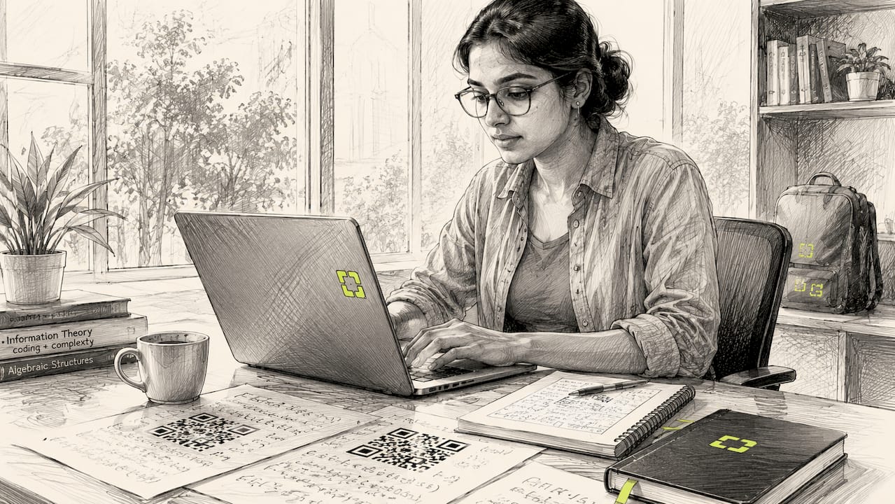 Engineer analyzing QR code polynomial formulas at desk
