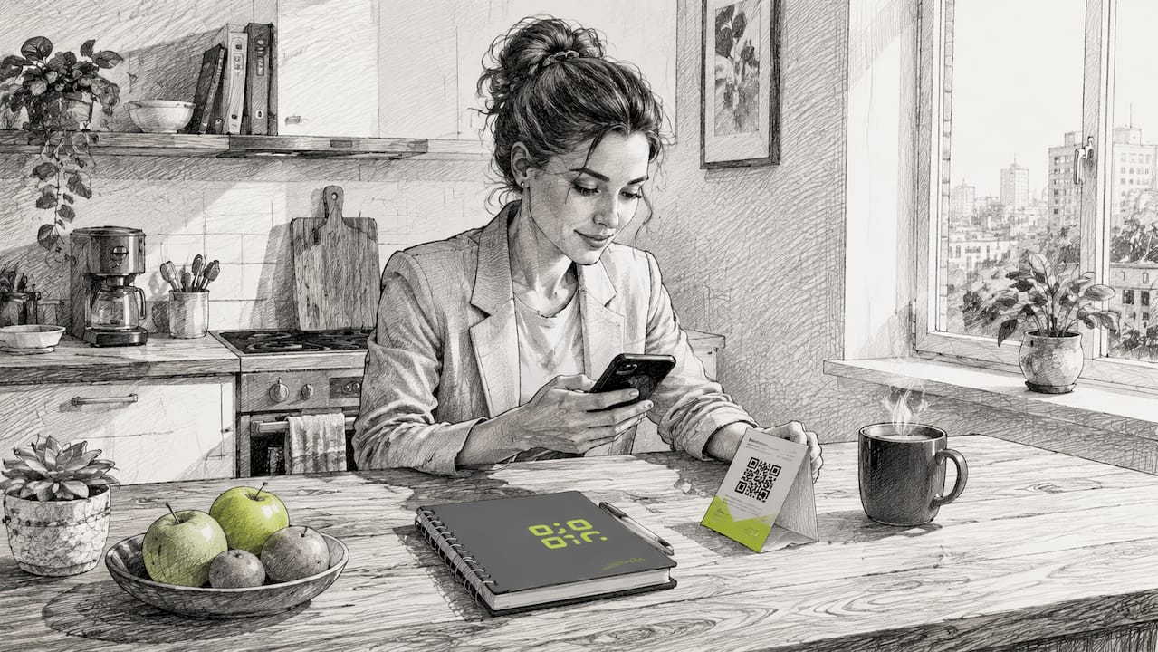 Woman scanning QR code with smartphone indoors