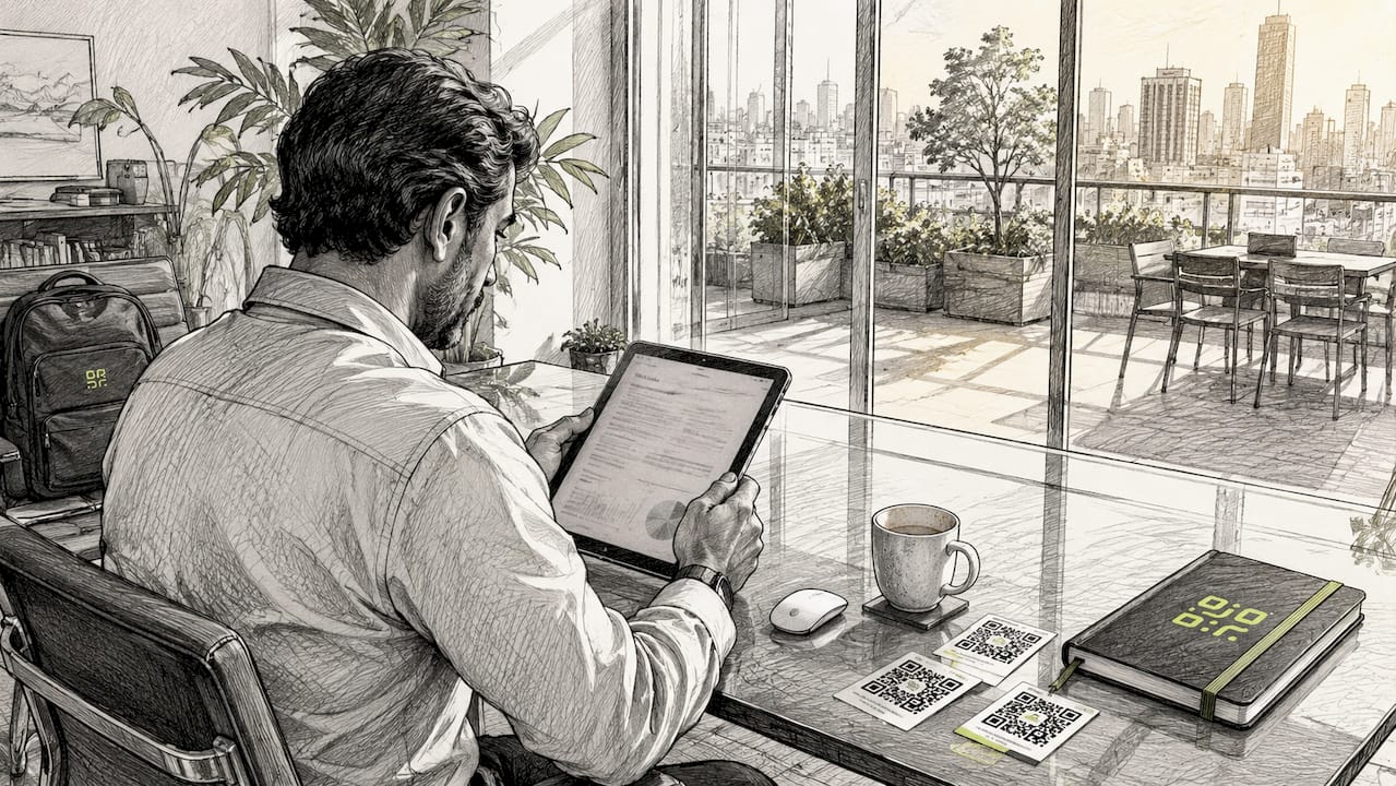Person managing QR codes on tablet in office