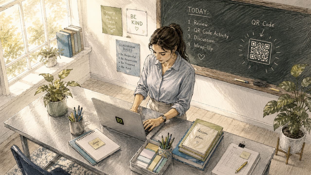 Teacher creating QR codes on laptop