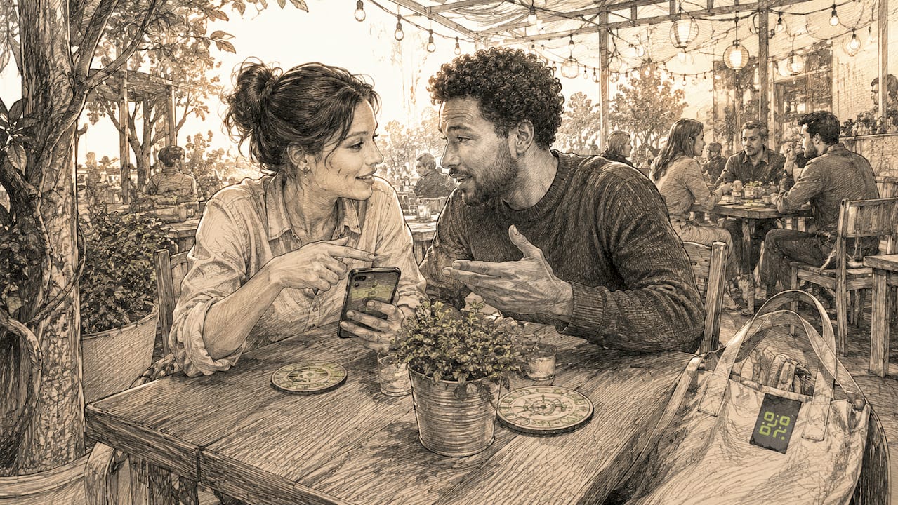 Couple scanning QR code at restaurant table
