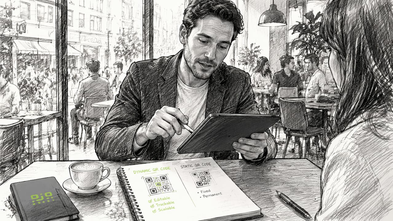 Person analyzing dynamic and static QR codes on tablet