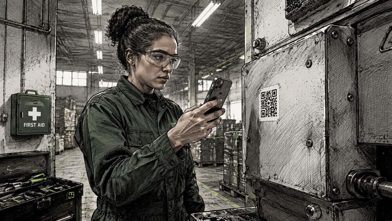 Employee scanning QR code on machine