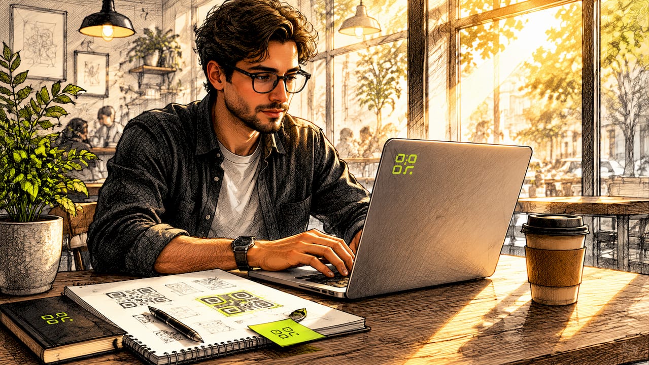 Marketer working on QR code at home desk