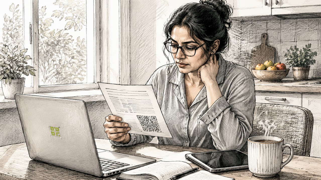 Woman reviewing QR code phishing email at home desk