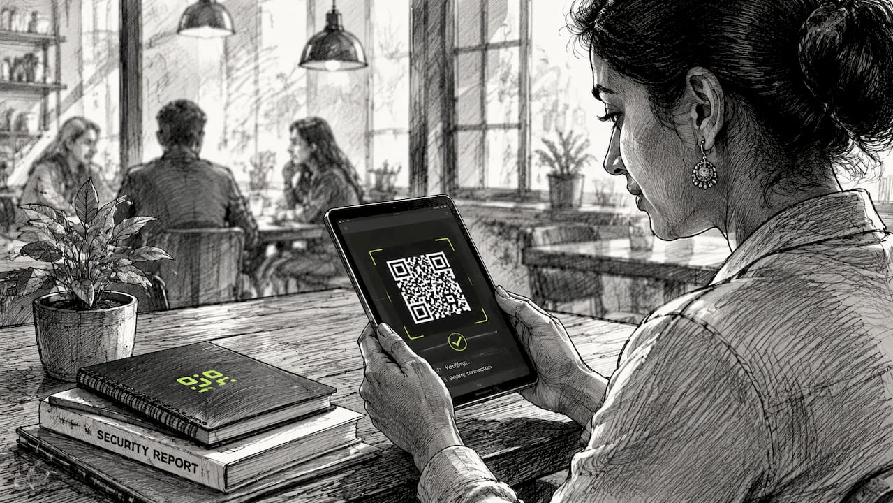 Specialist verifying QR code on tablet