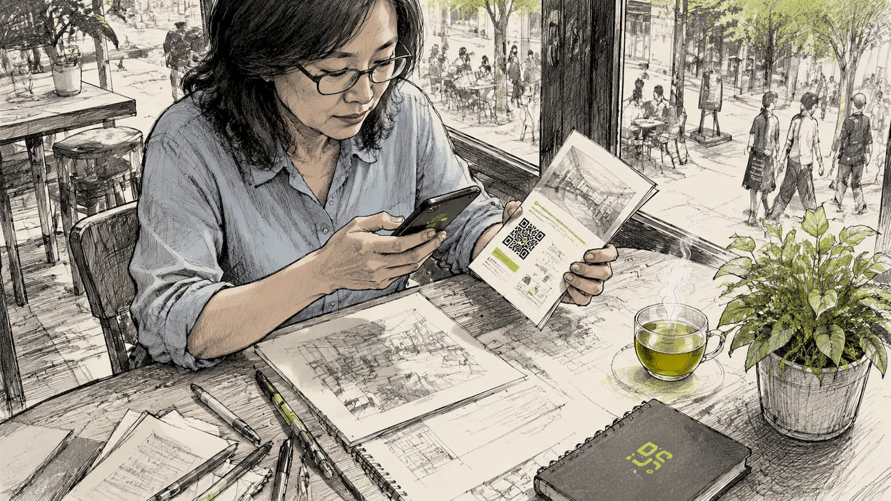 Person scanning QR code in printed brochure