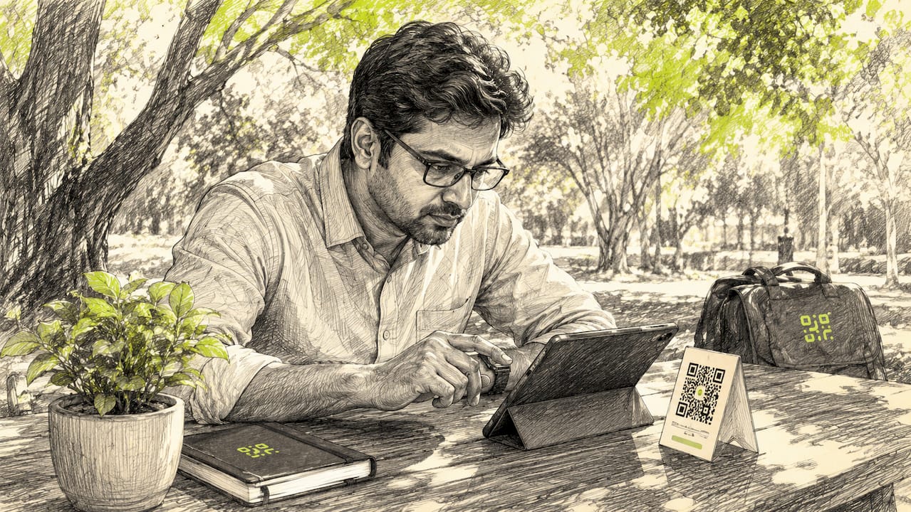 Person using tablet with QR code and AI recommendations