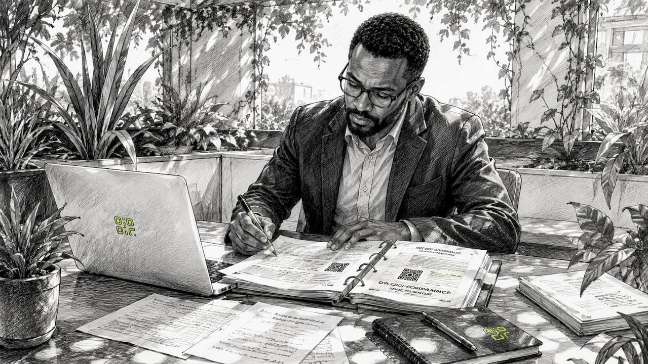 Man reviewing printed QR code policy documents at desk
