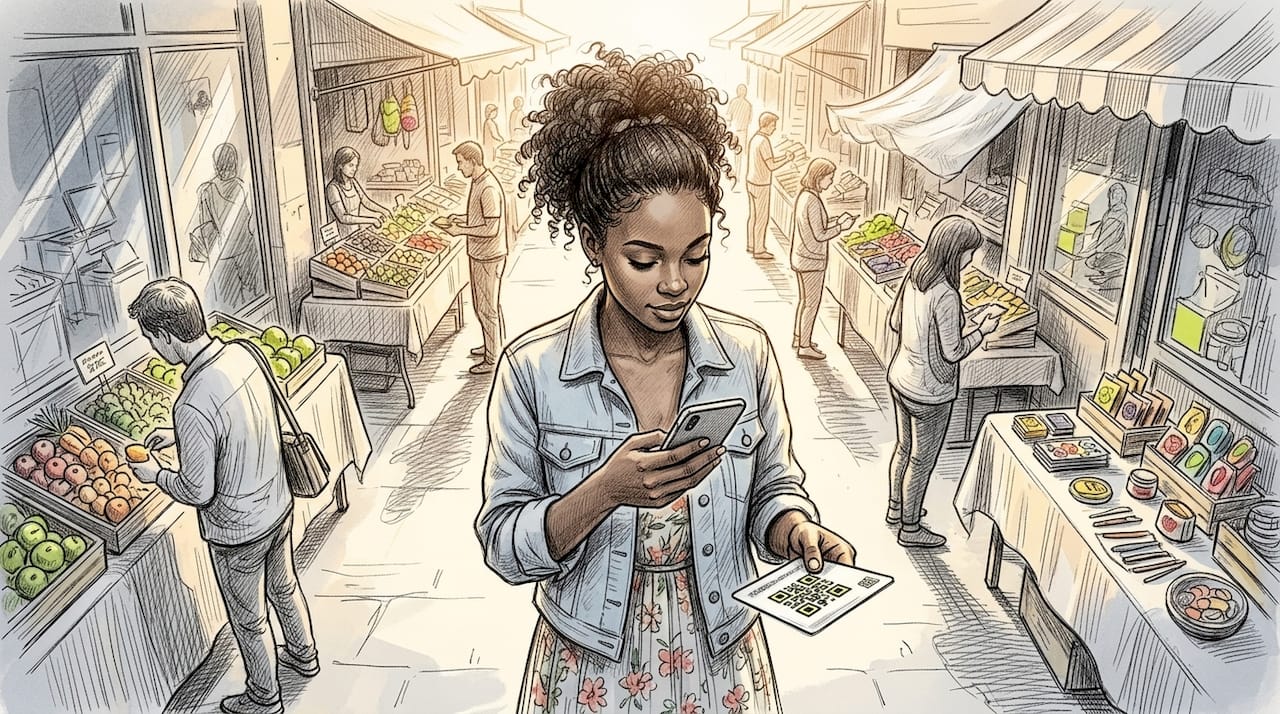 Woman scanning QR code on ID card with smartphone