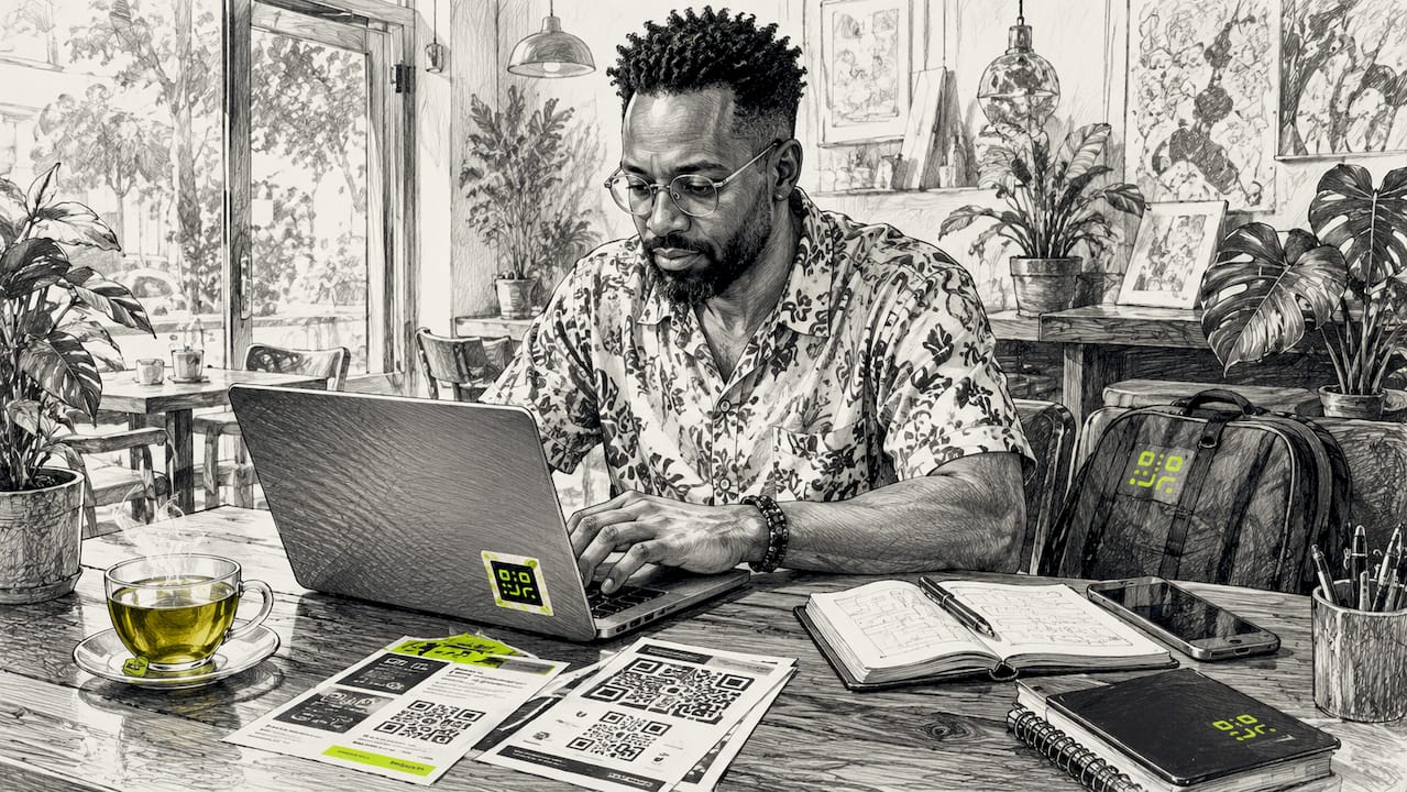 Marketer generating QR codes on laptop in home office