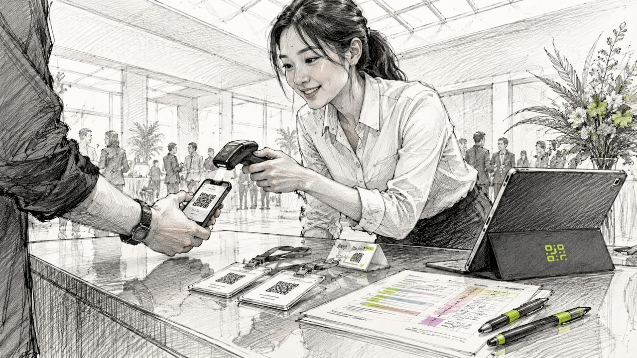 Staff member scanning attendee QR code at event check-in