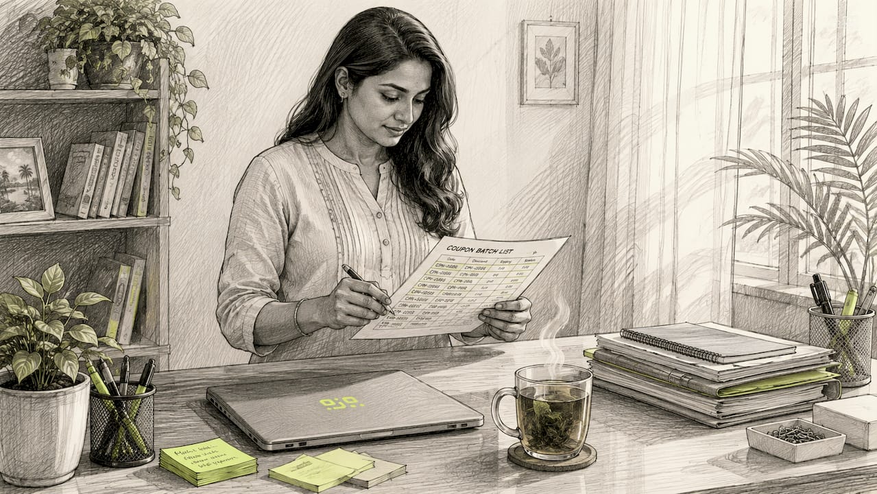 Woman reviewing coupon codes at office desk