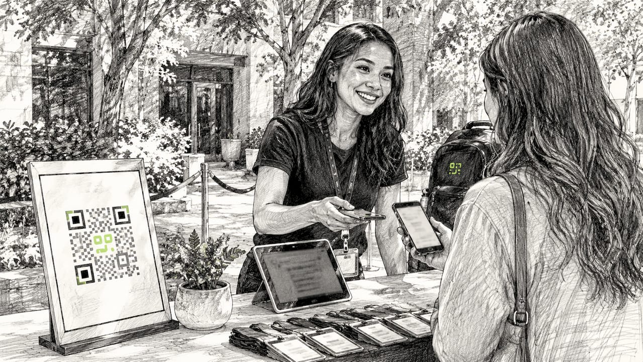 Event staff facilitating QR code check-in at entrance