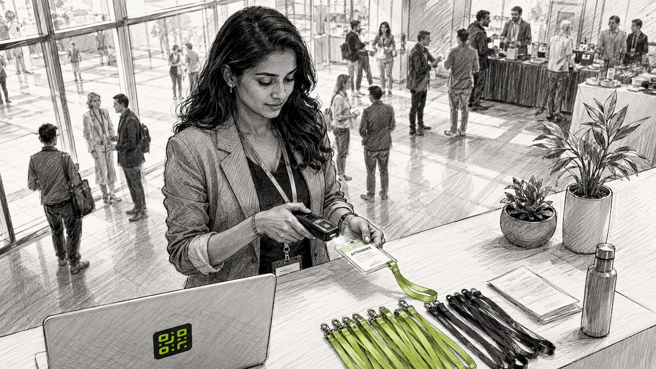 Woman scanning badge at conference desk
