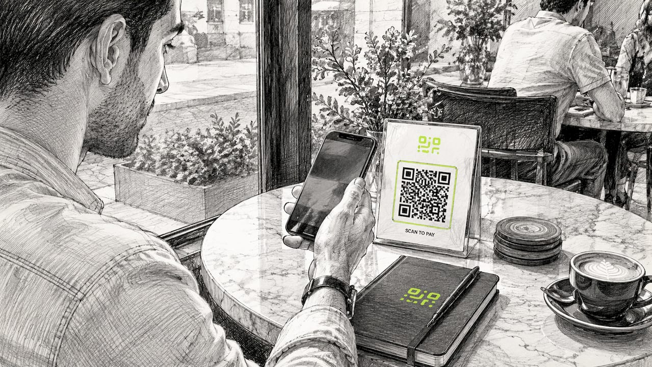 Customer scanning QR code at café table