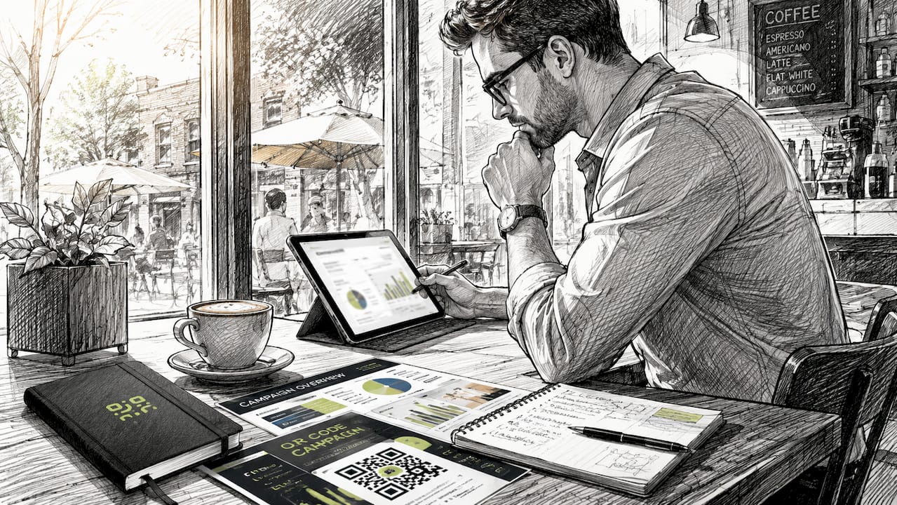 Marketer reviewing QR code analytics at desk
