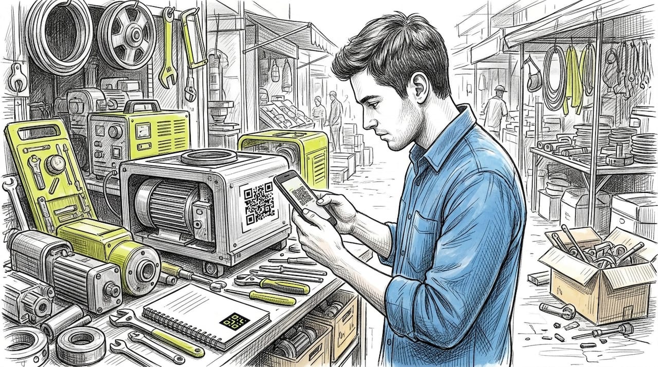 Technician scanning QR code on equipment with smartphone
