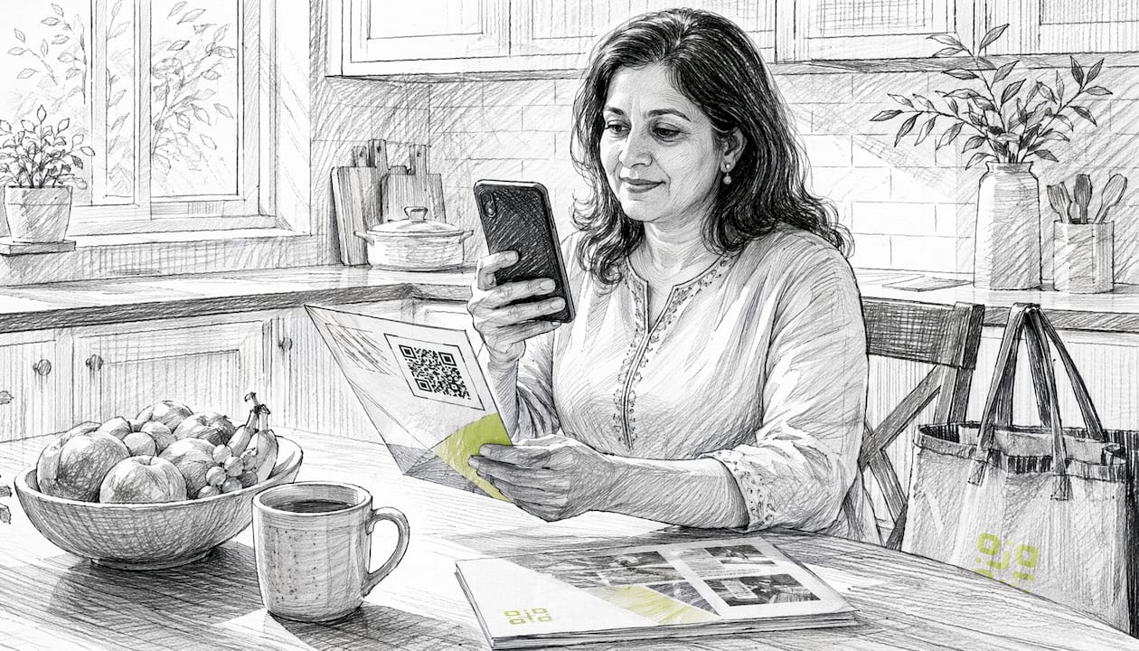 Person scanning QR code with smartphone at desk