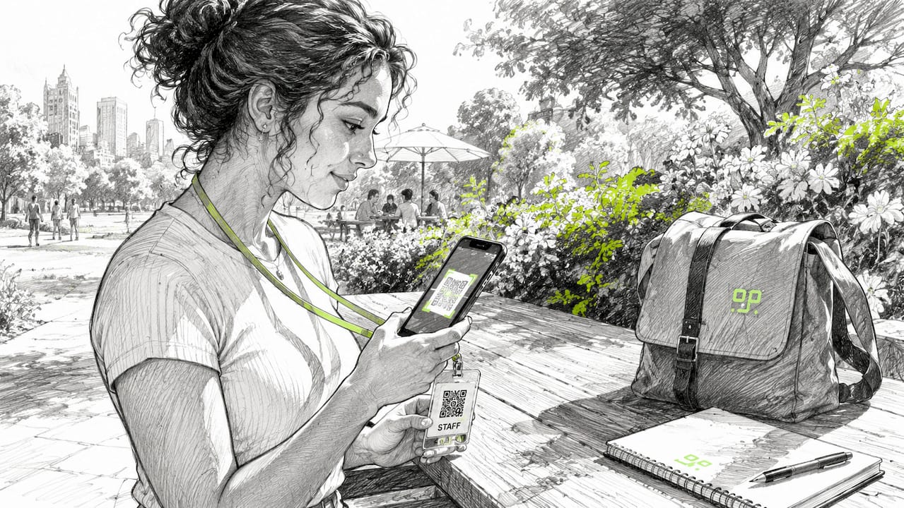 Woman scanning staff QR code with smartphone