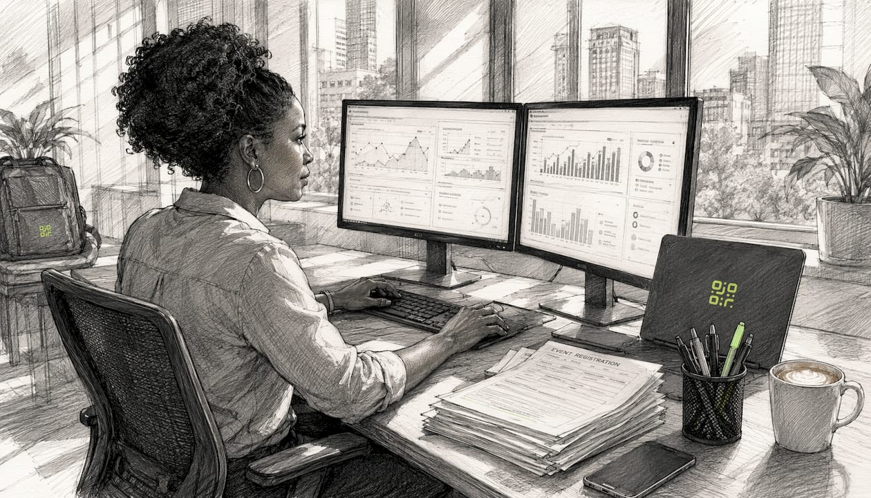 Woman working on event data integration at desk