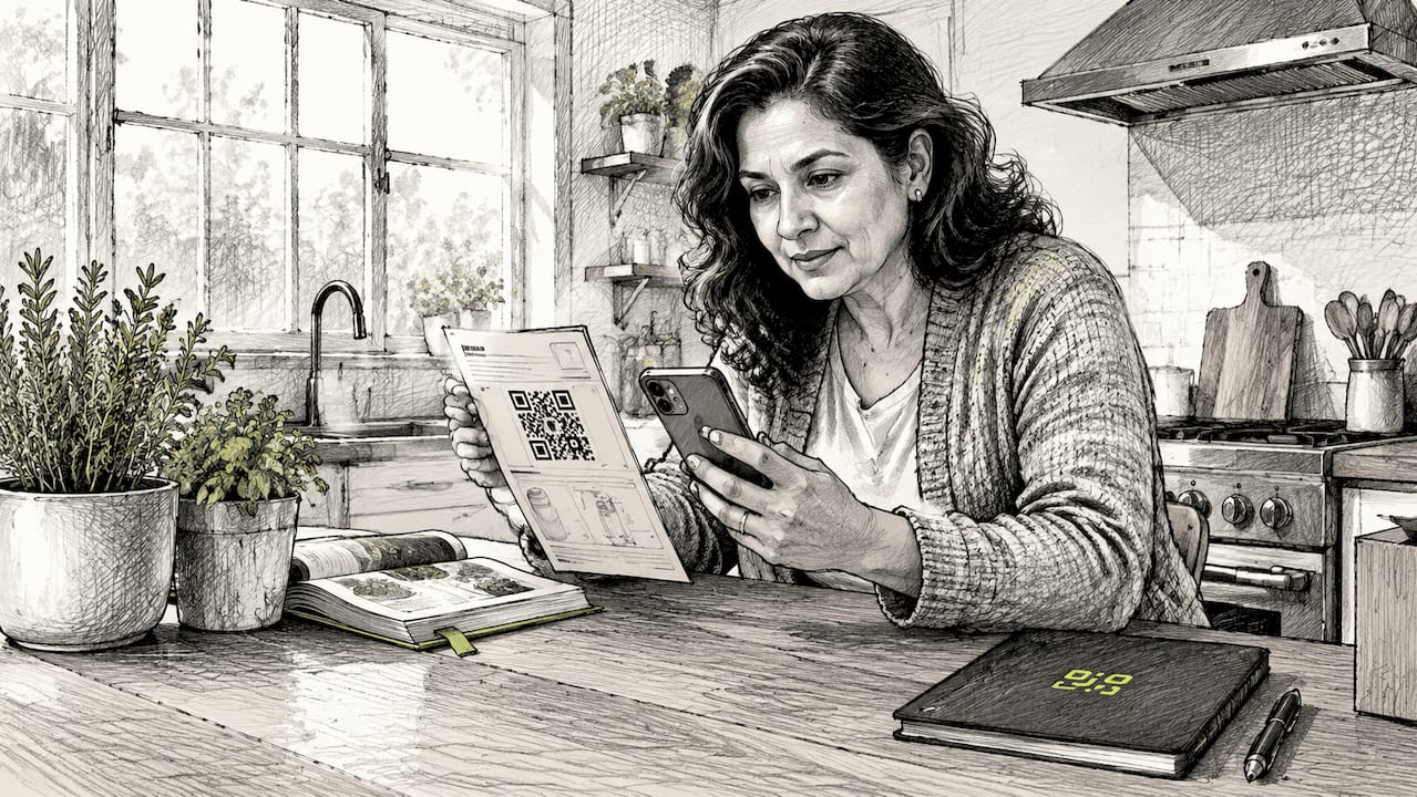 Woman scanning QR code on instruction manual