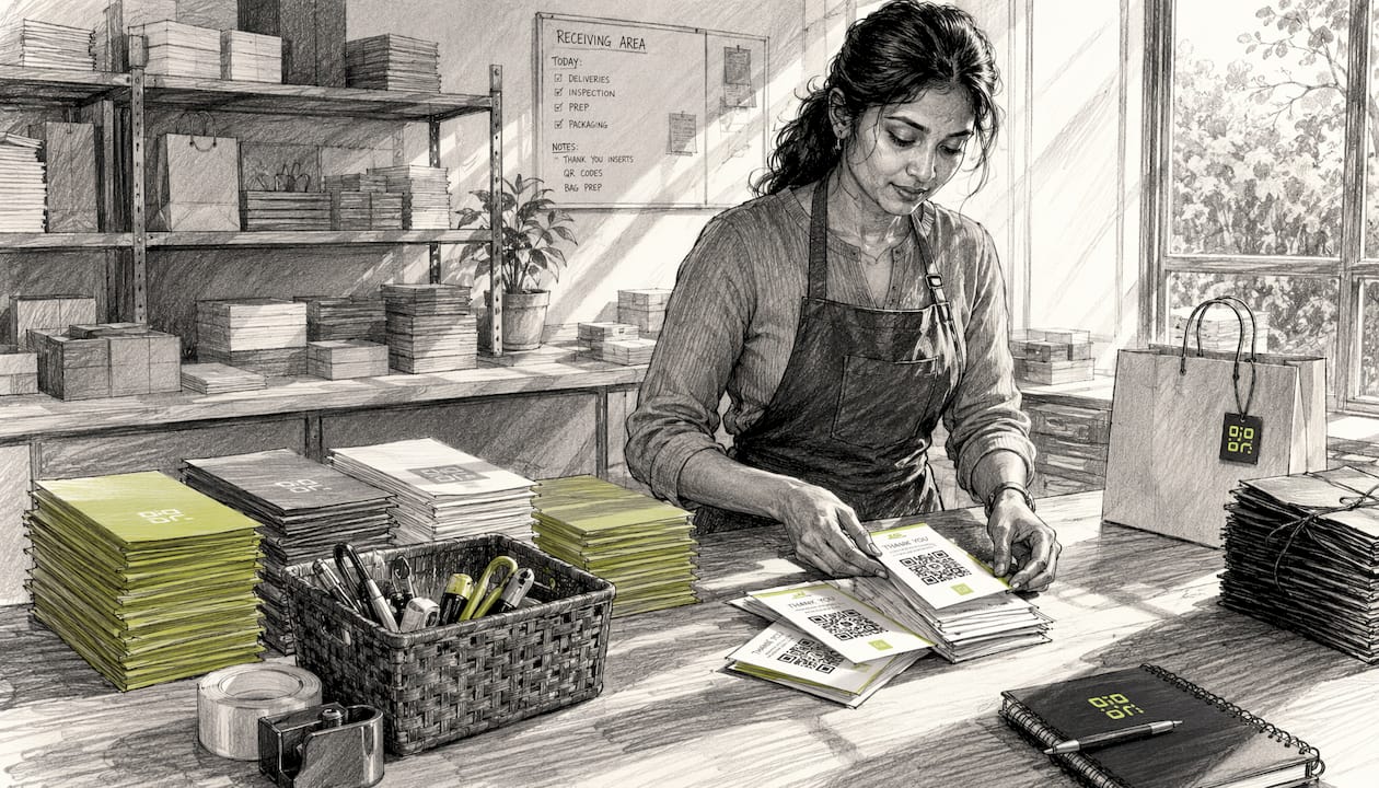 Retail worker preparing QR code bag inserts