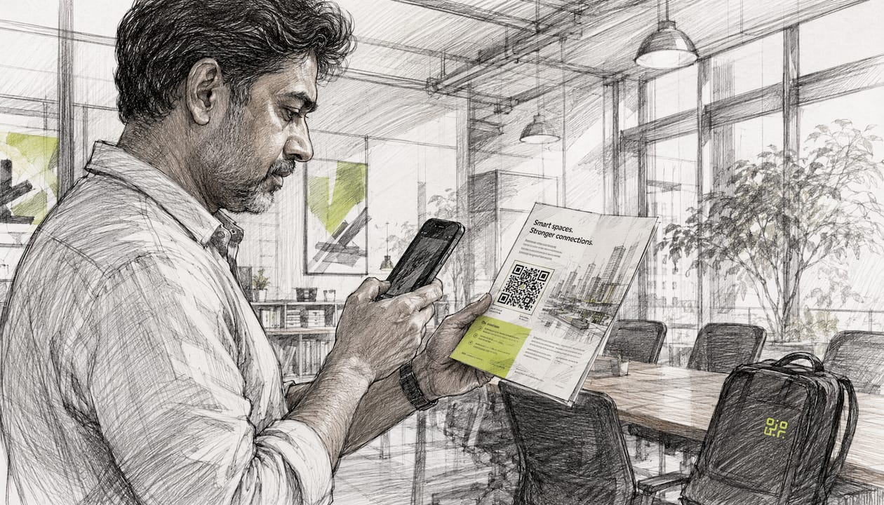 Man scanning QR code on printed brochure
