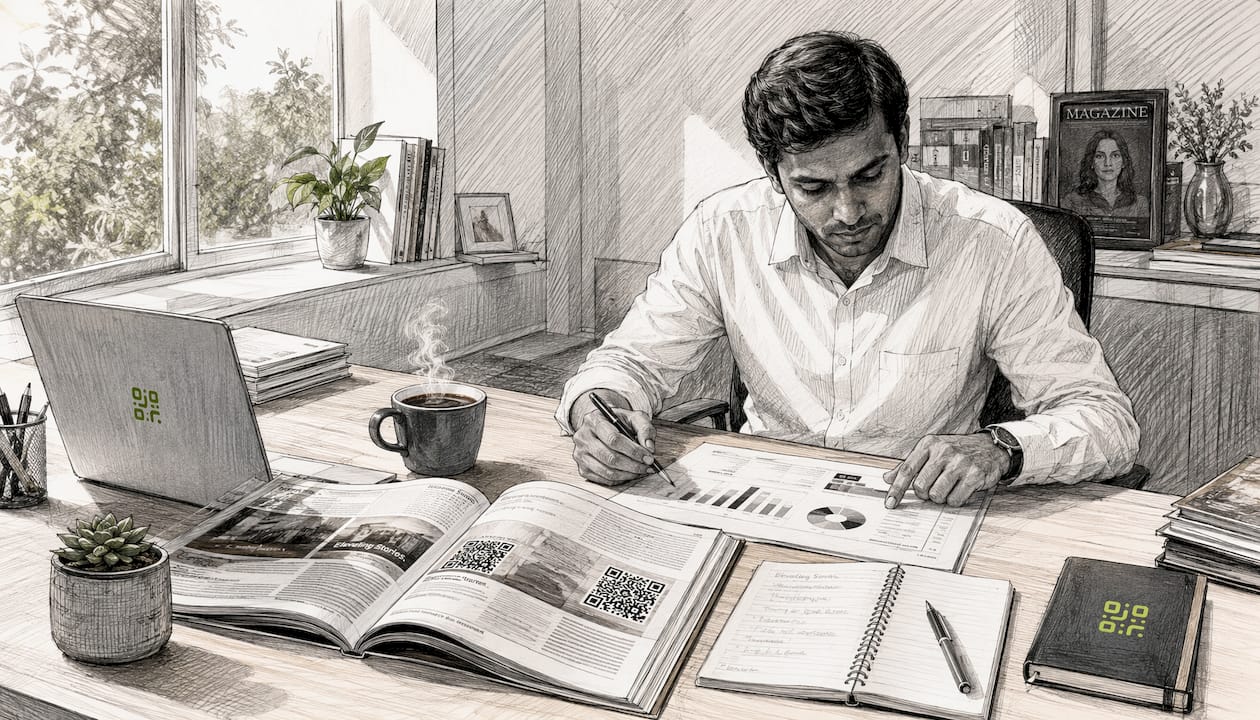Editor reviewing magazine with QR codes and tablet
