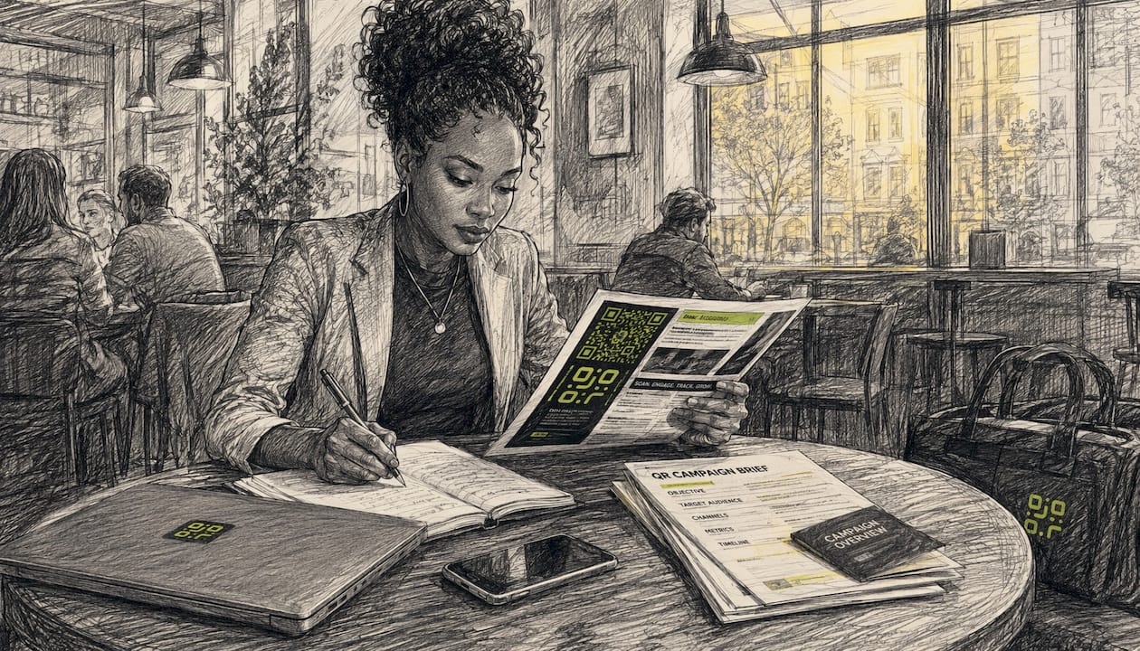 Marketer analyzing print ad with QR code at meeting