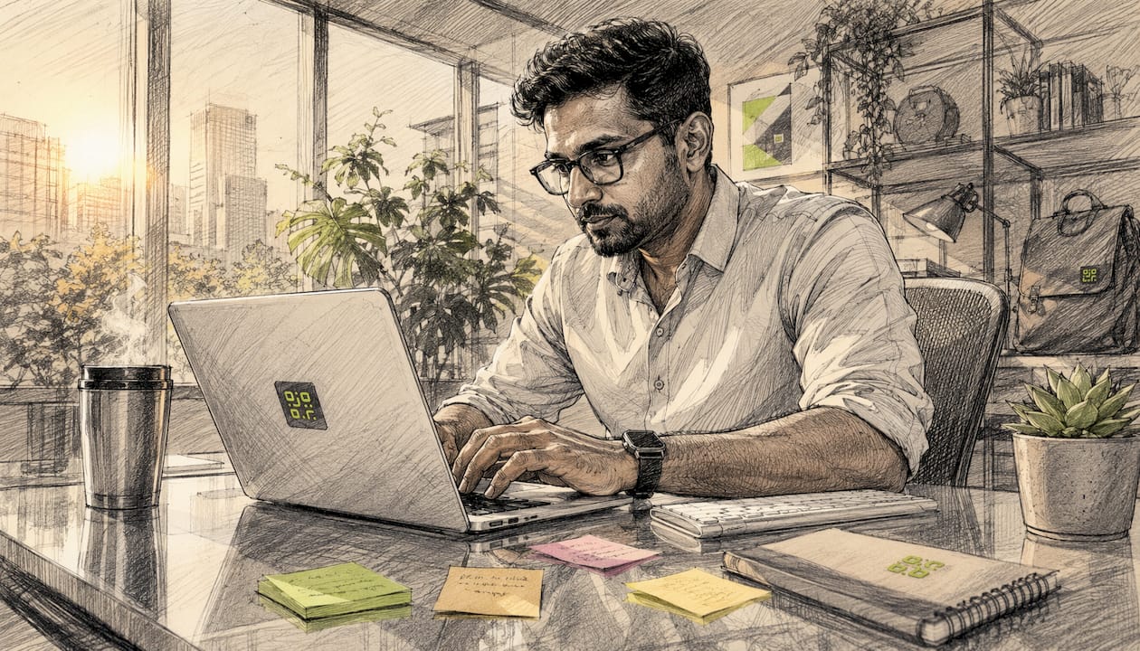Developer coding branded landing page at desk