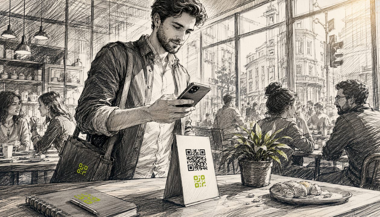 Man scanning QR code on workspace sign