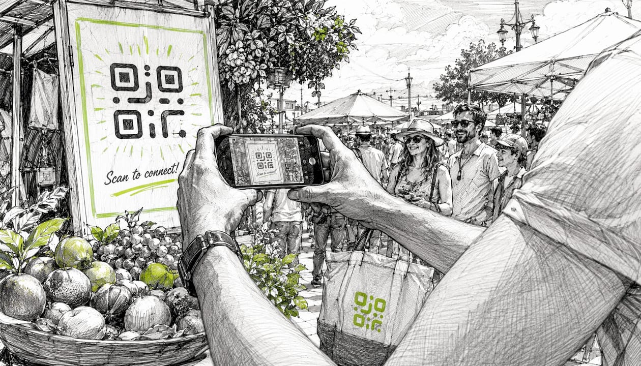 Hands capturing QR code with phone camera