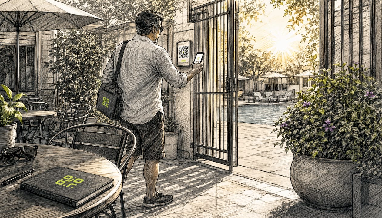 Man scanning QR code at pool gate