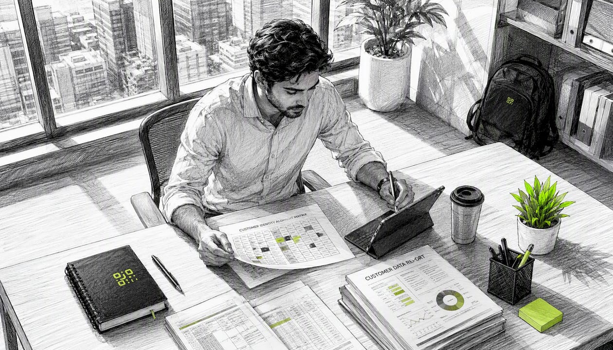 Analyst aligning customer data across screens