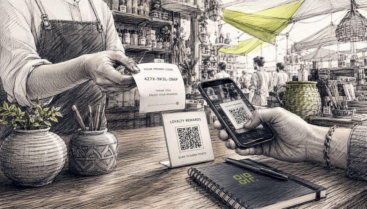 Hands exchanging promo code and scanning QR code at counter