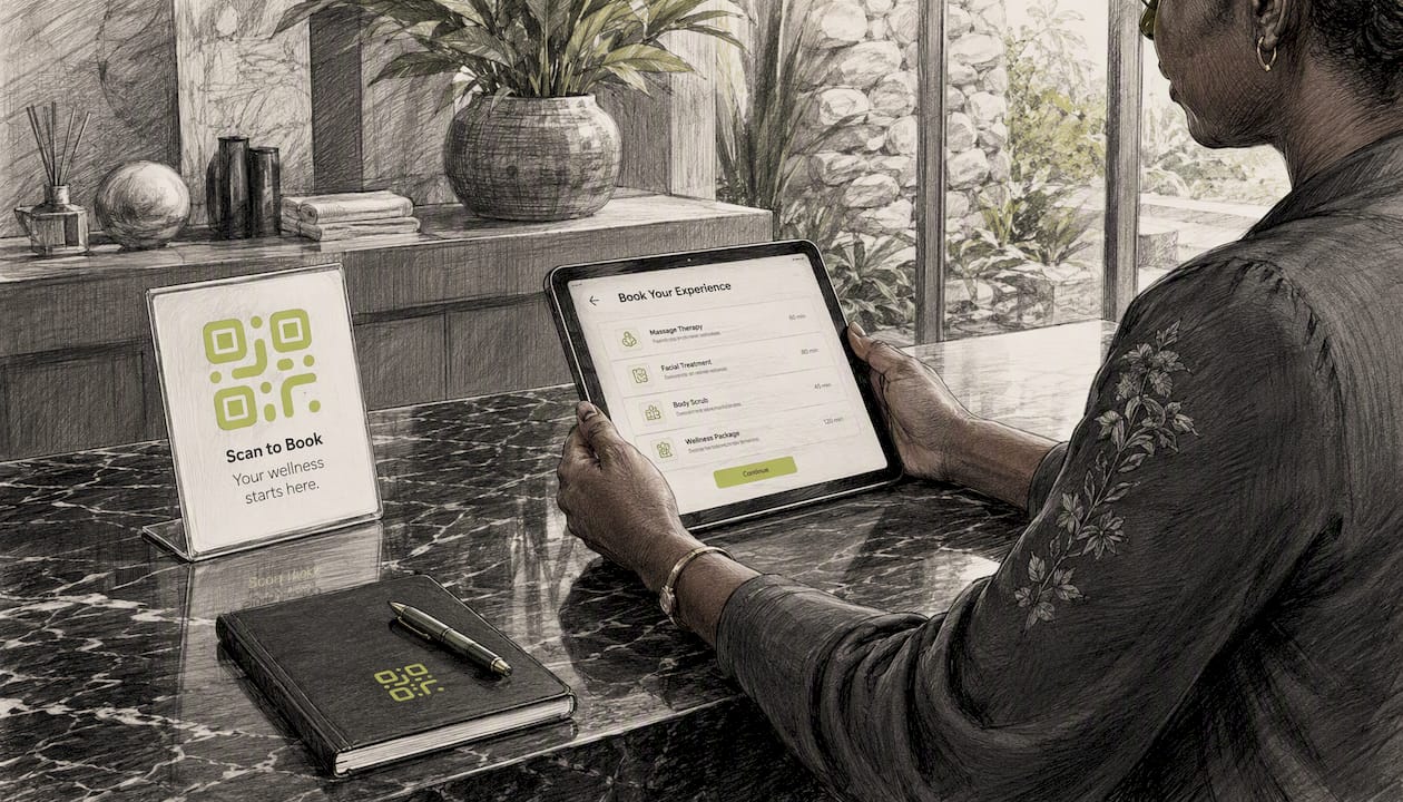 Receptionist with tablet and QR code sign