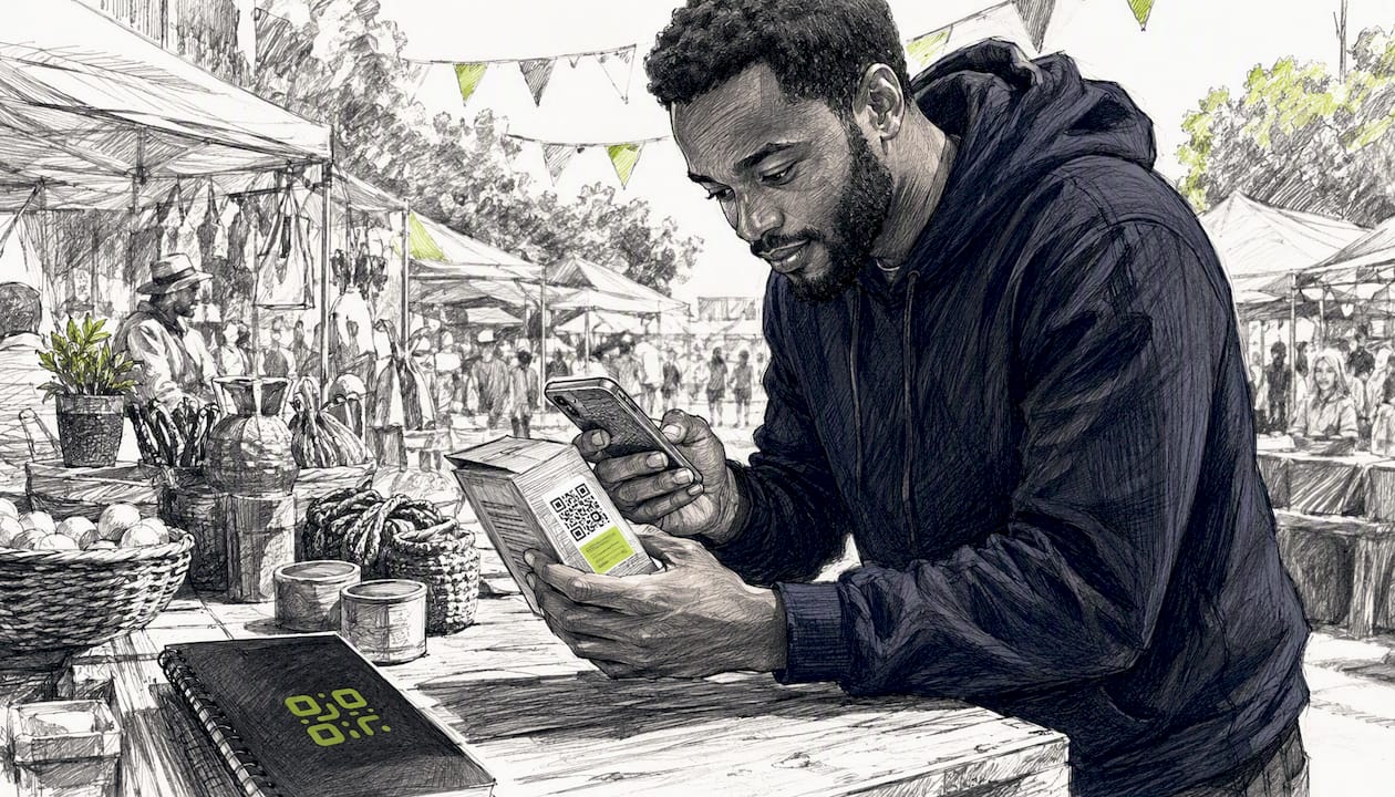 User scanning QR code with smartphone in café