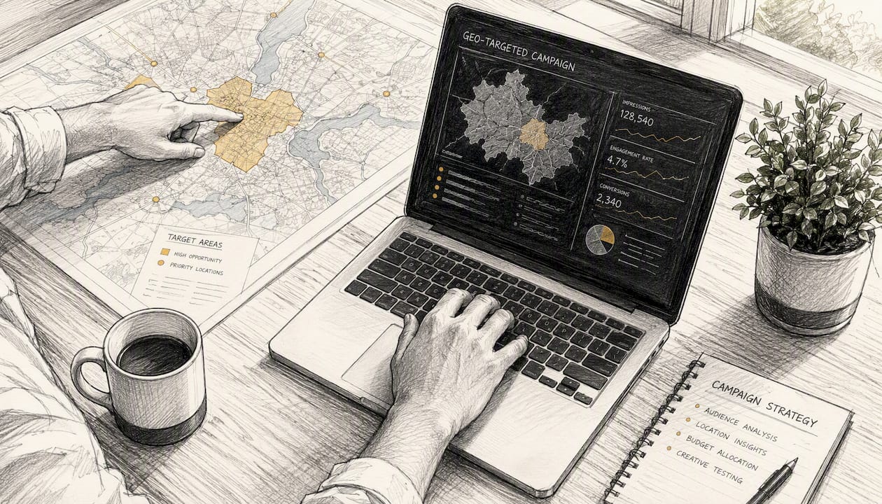 Hands analyzing geo marketing experiment with laptop and map
