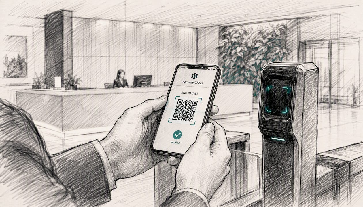 Hands scanning a QR code at security checkpoint