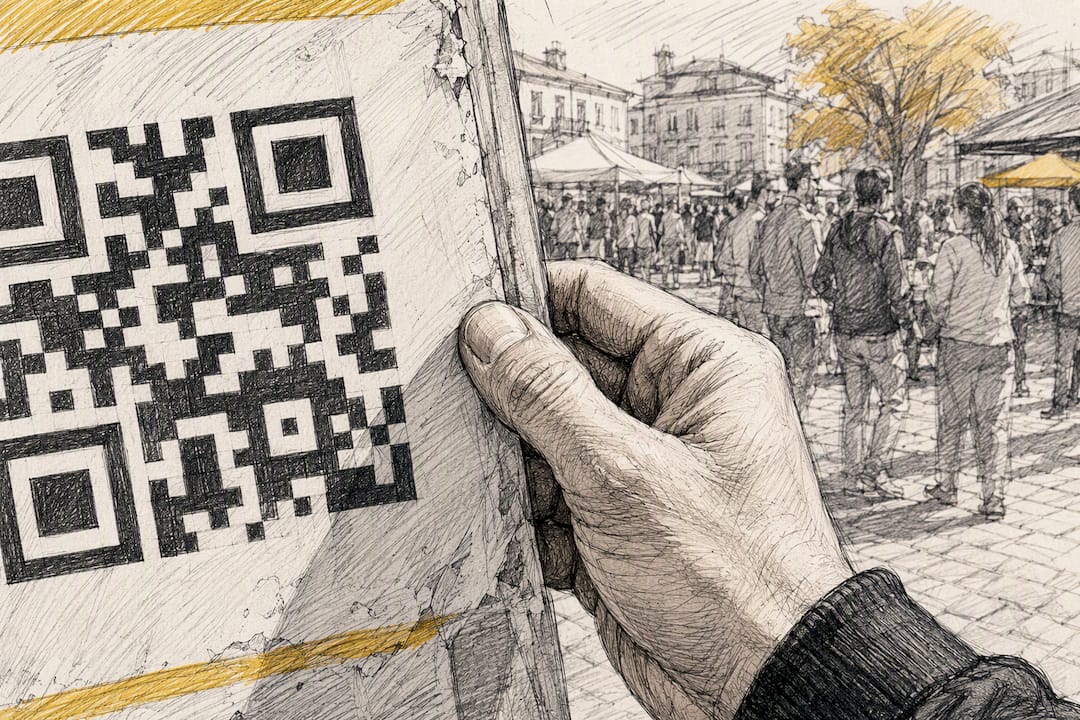 Hand holding large printed QR code outdoors